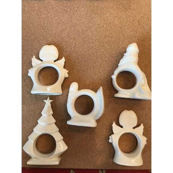 Ceramic Napkin Rings Set of 5 White Angels Santa Turkey Christmas Tree Handmade - Picture 2 of 9